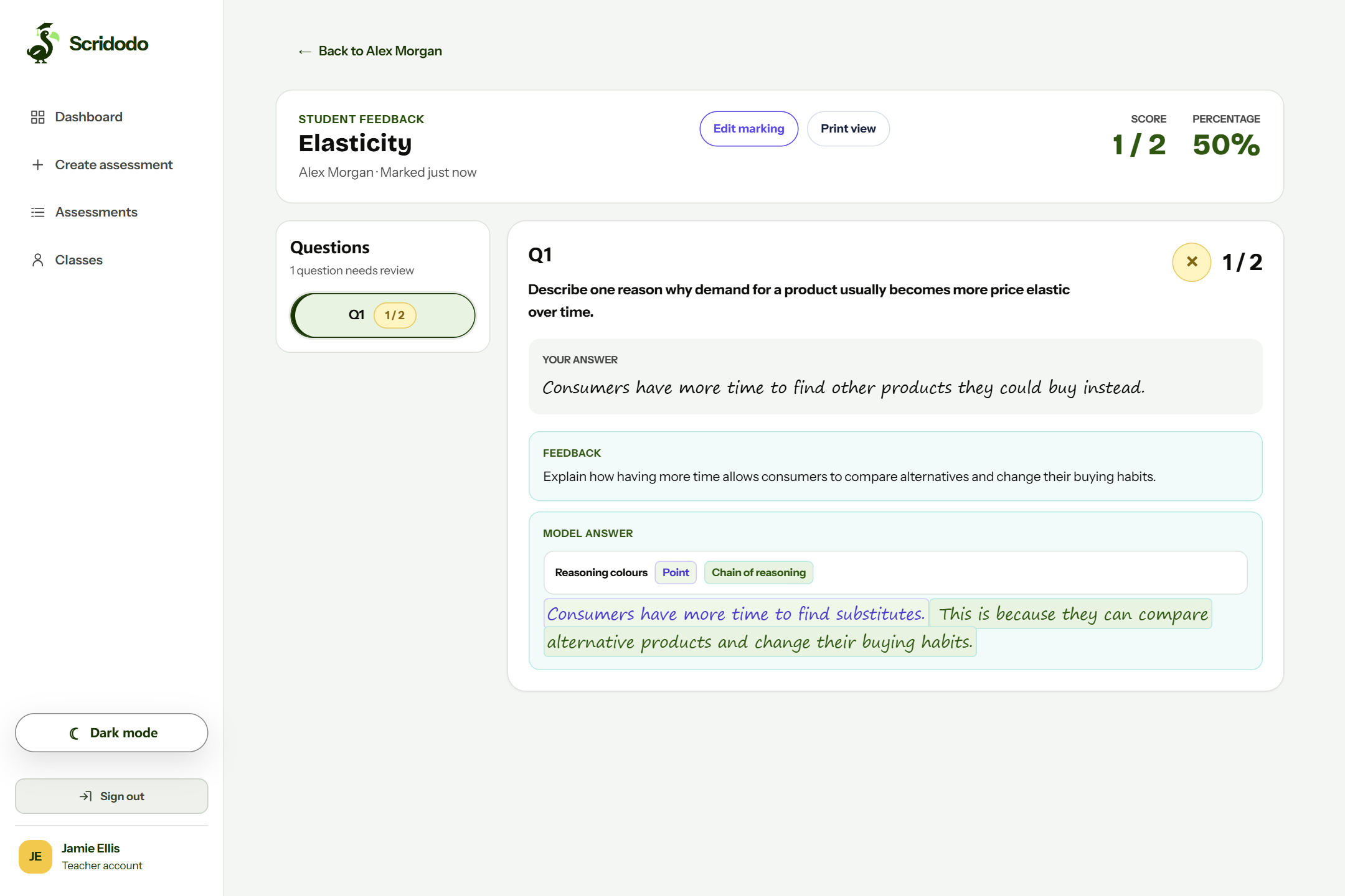 An Economics response with a mark, concise feedback and a model answer separating the point from the chain of reasoning.